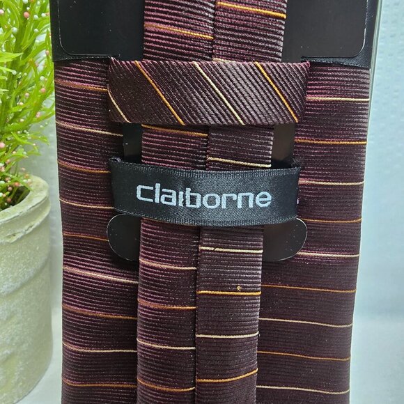 VINTAGE CLAIBORNE 100% SILK TIE STRIPED BROWN, GOLD, RUST, TEXTURED EUC - Picture 2 of 4